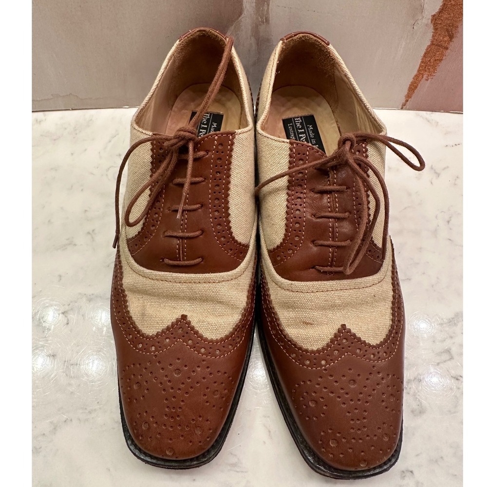 J Peterman Co Womens Spectator Oxfords Brown Leather Canvas Wingtip Italy 6.5B